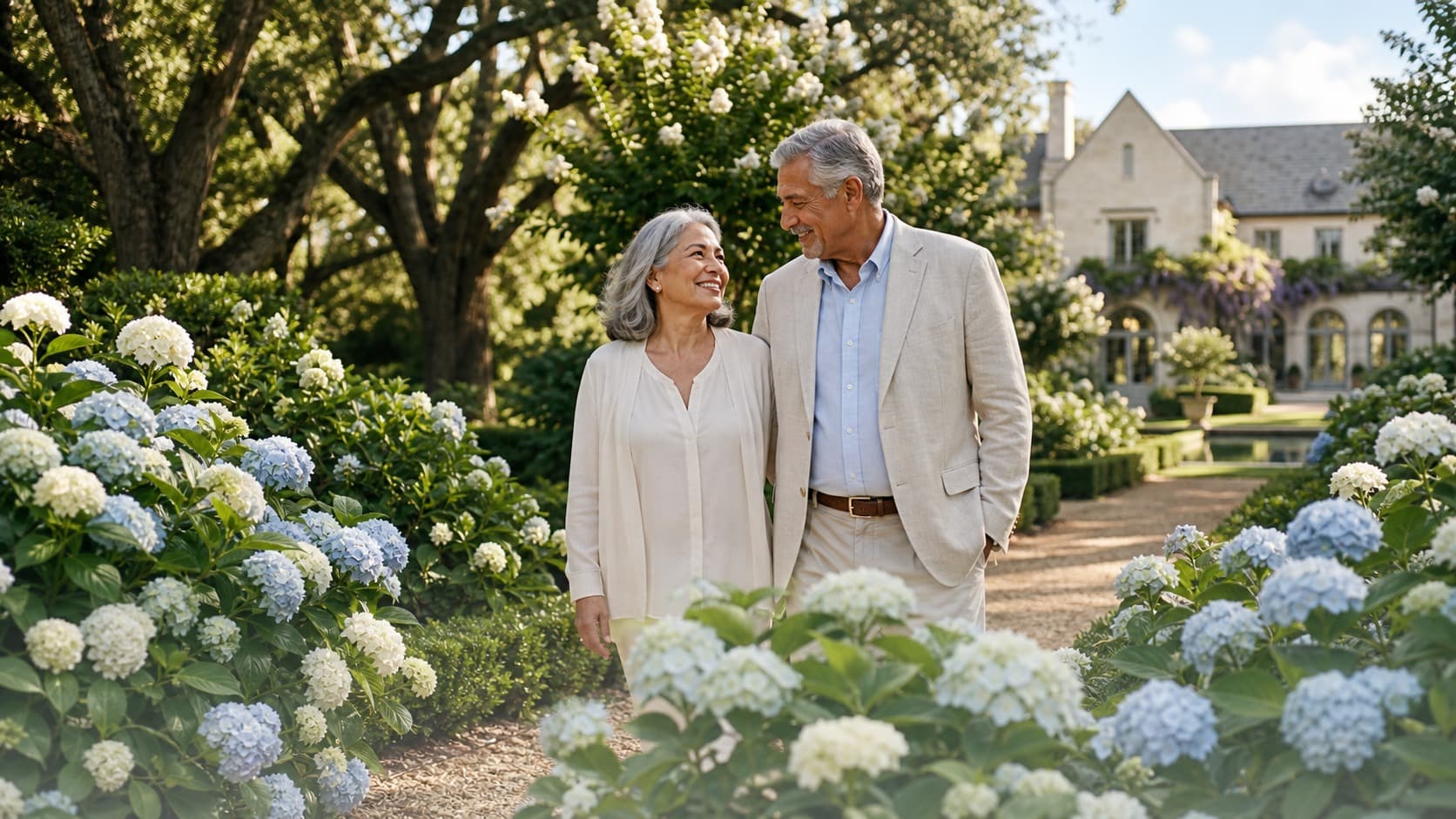 An elderly couple walking through their garden estate in Central Florida